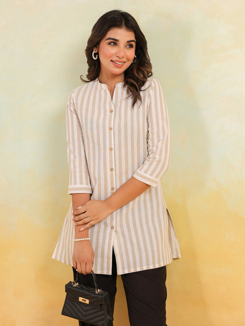 Janasya Women's Beige Cotton Striped Straight Short Kurti